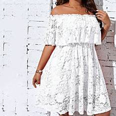 A-Line Dresses - White Shein Plus Women Summer Lace Ruffle Hem Off Shoulder Dress With Eyelash Trim