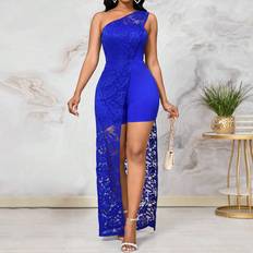 Women - XXS Jumpsuits & Overalls Shein Blue Lace Spliced Jumpsuit Womens Jumpsuit One Shoulder Long Pants With Shorts