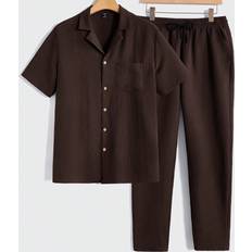 Men - Short Shirts Shein Men Solid Color Short Sleeve Shirt And Pants Casual TwoPiece Set For And Summer