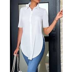 Shein Solid Color Short Sleeve Shirt With Split Hem And Curved Hemline