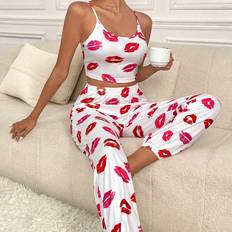 Shein Lip Print Cami Top Pants PJ Set Pajama Set White Set