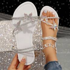 Silver - Women Slides Shein Mehrfarbige Strass mit mehreren Riemen, Frauen Slide Sandalen, kann drinnen oder draußen getragen werden, französische Mode Silber Hausschuhe