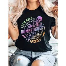 Slit - Women T-shirts Shein Women Crew Neck Slogan Skull Print Short Sleeve TShirt Summer