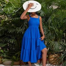 Blue Dresses Children's Clothing Shein Teen Girl Woven Solid Color Spaghetti Strap Carved Hem Split Casual Dress