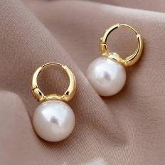 Copper Earrings Shein pair Luxurious White Faux Pearl Copper Alloy Elegant Unique Fashion Hoop Earrings For Women