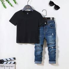Black Other Sets Children's Clothing Shein Young Boy pcsSet Black TShirt And Ripped Frayed Washed Blue Jeans SetsFor Summer