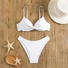 White Bikini Sets Shein Summer Beach Vacation Solid Push-Up Bikini Set