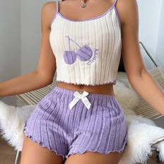 Purple Pyjamas Shein Cherry Embroidered Cami Shorts Pajama Set With Bow Decor