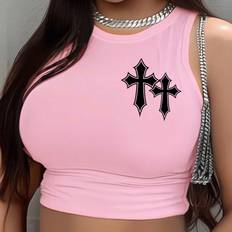 Pink Tank Tops Shein Crop Cross Pattern Casual Tank Top - Pink