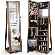 Costway Mirrored Jewelry Armoire Lockable Standing Organizer Brown Storage Cabinet 38.1x157.5cm