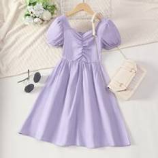 Purple Dresses Shein Girls Puff Sleeve Ruched A-line Dress