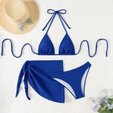 Blåa Bikiniset Shein Ladies Solid Color Halter Strap Sexy Bikini Set With Separated Swimsuit, 3pcs/Set With Cover Up Skirt,Summer Beach