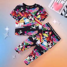 Black Other Sets Shein Baby Girl Cartoon Poster Print Short Sleeve Tee And Leggings Black pcs Set