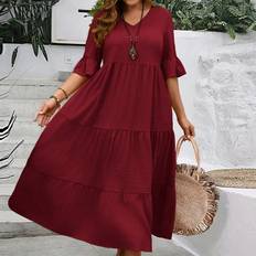 Long Dresses - Multicolored Shein Plus Womens Deep VNeck Ruffle Sleeve MultiTiered Hem Long Yellow Dress For Summer