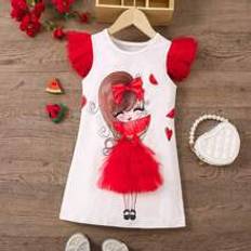 M Dresses Shein Young Girls' Cute Cartoon Character Printed Casual Holiday Simple Comfortable Dress With Gift Of Lovely Bag