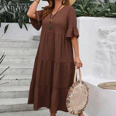 Long Dresses - Multicolored Shein Plus Womens Deep VNeck Ruffle Sleeve MultiTiered Hem Long Yellow Dress For Summer