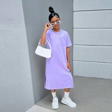 Dresses Shein Tween Girls SpringSummer Knitted Solid Loose Fit Round Neck Basic Casual Short Sleeve Split Hem TShirt Dress