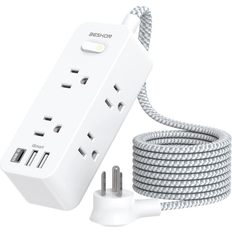 Beshon Power strip surge protector, 5ft cord, 6 outlets, 3 usb ports 1 usb c wall mo White