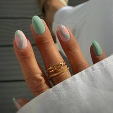 Shein 24Pcs Matcha Color Short Oval Stripe Tip Short Press On Nails Full Fit Design Acrylic Fake Nails, Contain 1pc Jelly Glue And 1pc Nail File, French Tip Nails Suitable For Women And Girls, Daily Life And Party Use 24-pack