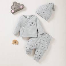 0-1M Other Sets Shein pcs Baby Boy Cartoon Bear Print ButtonFront Shirt Pants And Hat Casual Outfit Set