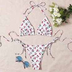Sportswear Garment Bikini Sets Shein Summer Beach Cherry Print Triangle Tie Side Bikini Set