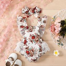 Ruffles Bodysuits Shein Baby Girl Floral Print Contrast Lace Ruffle Trim Bodysuit