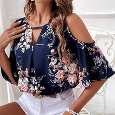 Shein Vacation Style Womens Open Shoulder Flower Printed Loose Shirt With Keyhole Neck
