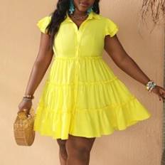 Women - Yellow Dresses Shein Plus Solid Color Tiered Hem Shirt Dress For Summer