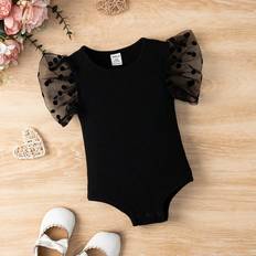 Solid Colours Bodysuits Shein Baby Girl Contrast Dobby Mesh Butterfly Sleeve Ribbed Knit Bodysuit