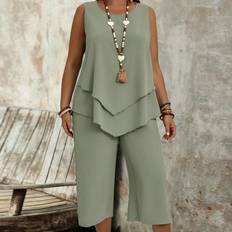 Green - Women Suits Shein Plus Womens Simple Green Sleeveless Top And SevenPoint Pants pcs Set