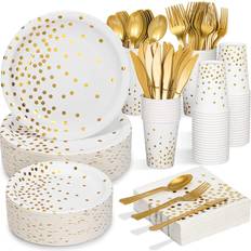 Shein White and Gold Party Supplies PCS Disposable Dinnerware Set Paper Plates Napkins Cups Plastic Forks Knives Spoons for Birthday Baby Bridal Shower We