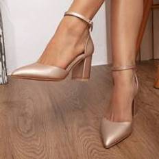 Beige - Leather Heels & Pumps Shein Fashionable Patent Leather Pearl Embellished Pointed Toe High Heel Shoes With Chunky Heel