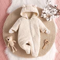 0-1M Bodysuits Shein Newborn Baby Boy Warm Fleece Hooded Bodysuit With Ear Design And Mitten Cute Infant Romper For FallWinter