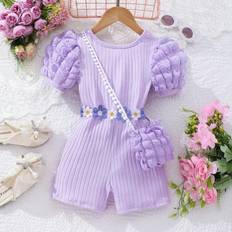 Florals Jumpsuits Children's Clothing Shein Young Girl Short Sleeve Bubble Textured Ribbed CrossBack Romper Including Bag