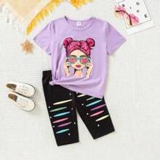 M Övriga sets Shein Young Girl Summer Portrait Printed Short Sleeve T-Shirt And Contrast Colored Shorts Set