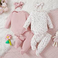 Pink Other Sets Shein Baby Girl Fresh Floral Pattern Pink Headband Footed Pants And Romper pcsSet Home Outfit