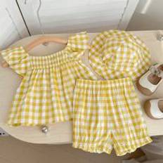 18-24M - Gula Övriga sets Shein Baby Girl Cute Summer Plaid Print Ruffle Trim Top, Shorts & Hat Set