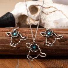 Gråa Smyckesset Shein Pcs Blue Turquoise Stone Decor Highland Cow Cattle Head Pendant Necklace Earring Jewelry Set For Women