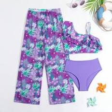 Lila Bikinis Barnkläder Shein 3pcs/Set Tween Girl Tropical Plant Print Swimsuit Set Summer Swimming,Beach Bikini Top And Bottom And Pants