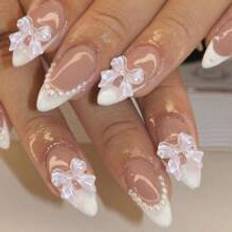 Nagelprodukter Shein 24pcs French Long Almond Shaped Bowknot Nail Nail Nail