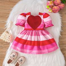 Shein Baby Girls Fashionable Striped And Love Pattern Puff Sleeve Dress Simple And Cute Dress For ValentineS Day And Summer