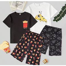 White Other Sets Shein Teen Boy White Simple Hamburger French Fries Cola Print TShirt And MidLength Shorts Set Homewear