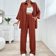 Clothing Shein Solid Color Long Sleeve Shirt And Pants Two Pieces Pant And Top