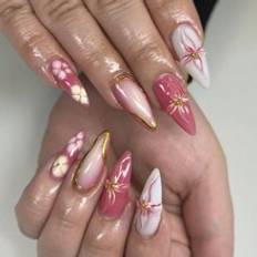 Nagelprodukter Shein 24pcs/Set & Summer New Unique Almond Shape Simple French Gradient 3D Floral Golden Lines Manicure Kit