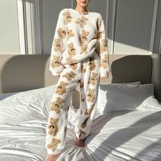 S Pyjamas Shein Bear Print Flannel PJ Set White Set