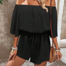 Wool Jumpsuits & Overalls Shein Womens Summer Holiday Solid Color Off Shoulder Flare Sleeves Loose Casual Romper