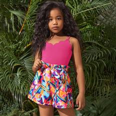 Shein Tween Girl Vacation Casual SpringSummer Knitted Spliced Woven Floral Printed Strap Romper
