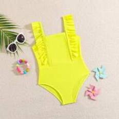 Gula Baddräkter Barnkläder Shein Solid Color Square Neck Ruffled One-Piece Swimsuit For Young Girls, Summer Beachwear