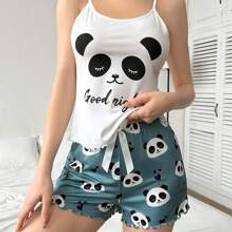 Shein Multifärgade Pyjamasar Shein Ladies' Panda & Letter Print Cami Top And Shorts Pajama Set
