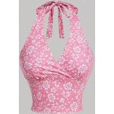 Pink Tank Tops Shein Halter Strap Floral Knitted Womens Tank Top